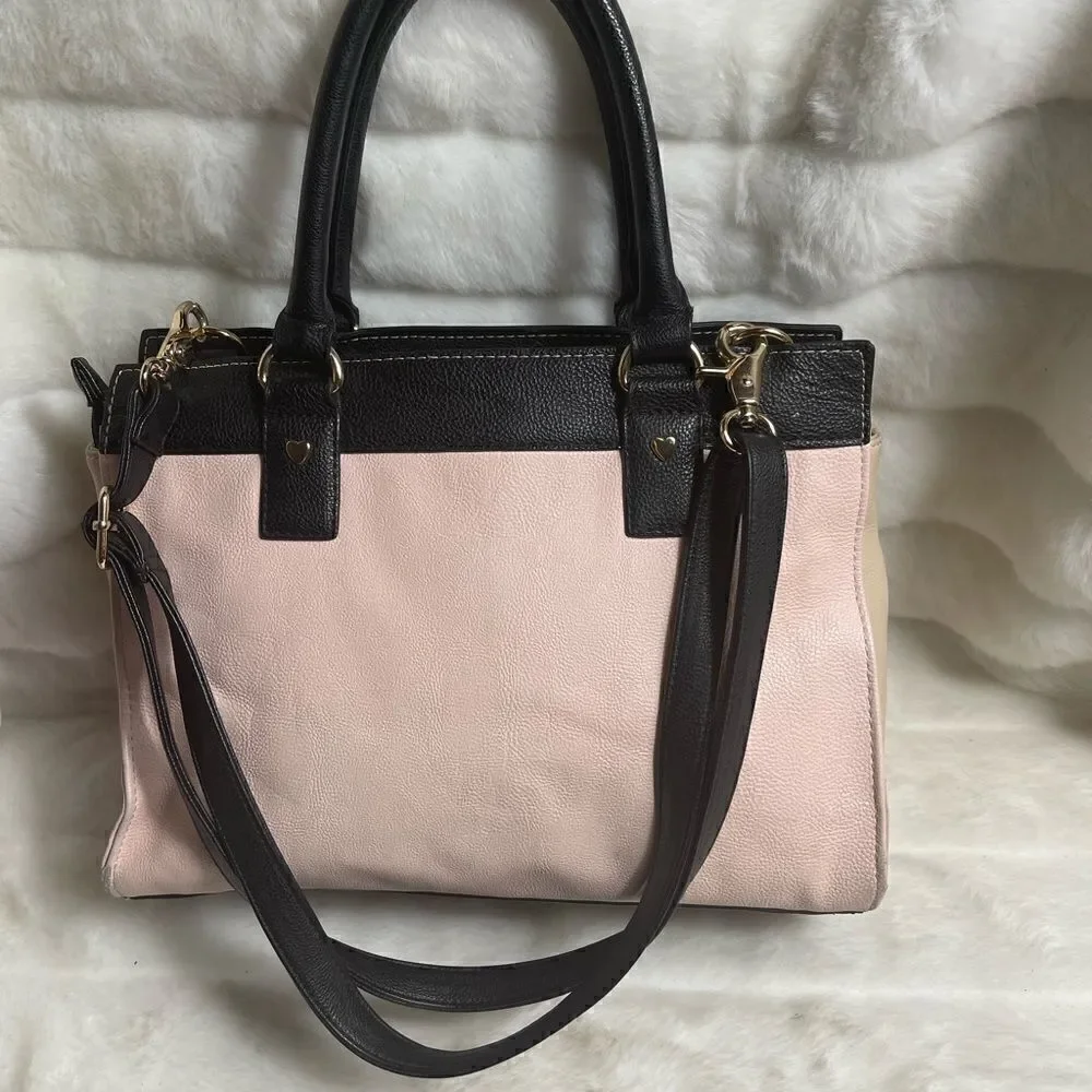 Betsey Johnson vegan leather pink & beige with black & white pocket,black straps